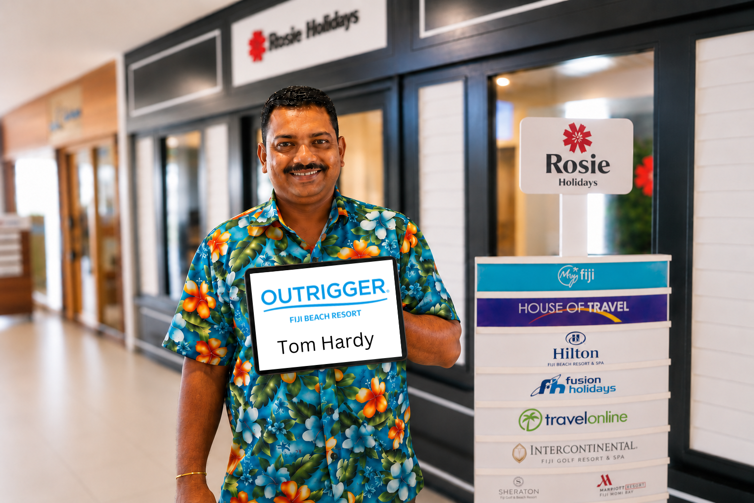 Rosie Holidays driver concierge with OUTRIGGER welcome sign at Nadi Airport