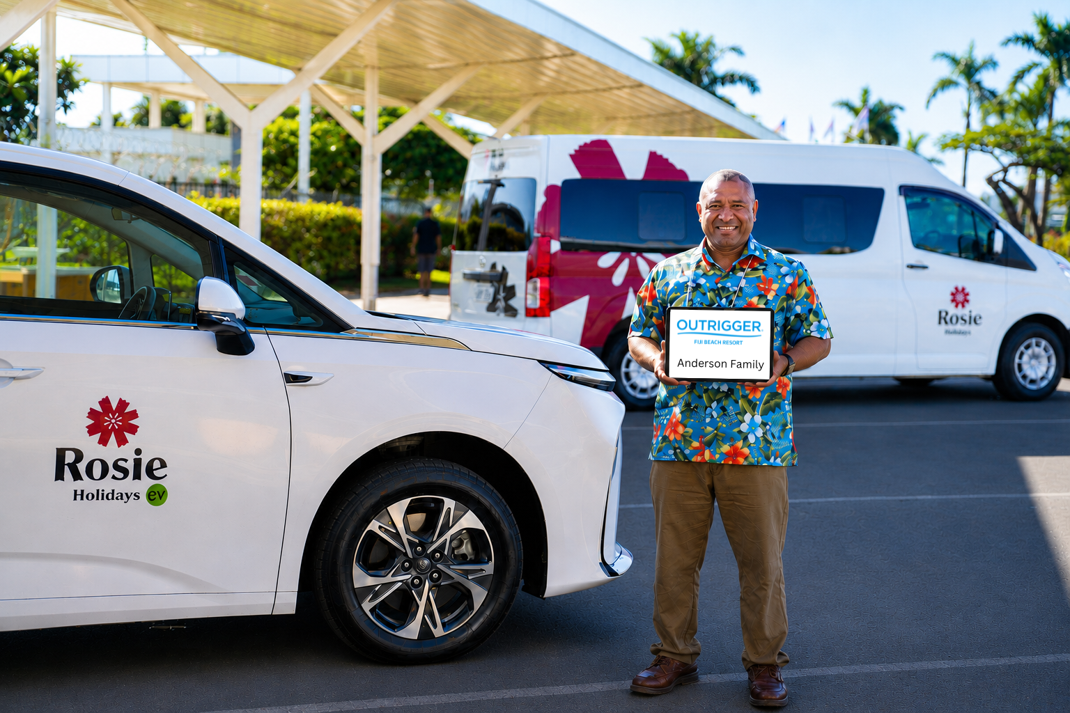 Rosie Holidays EV and van transfer with driver concierge at Nadi Airport